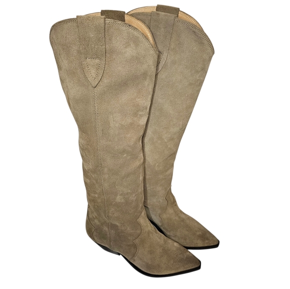 Isabel Marant Denvee Cowboy Boots - Women's Size 39 - Knee High Taupe Suede - Picture 2 of 14